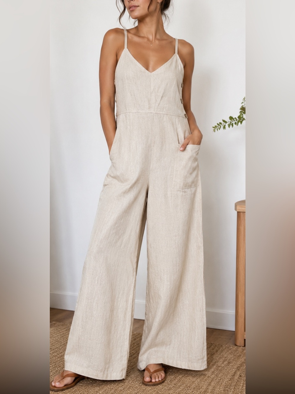 Universal Thread Linen Blend Jumpsuit Womens S Beige Wide Leg Smocked Cami